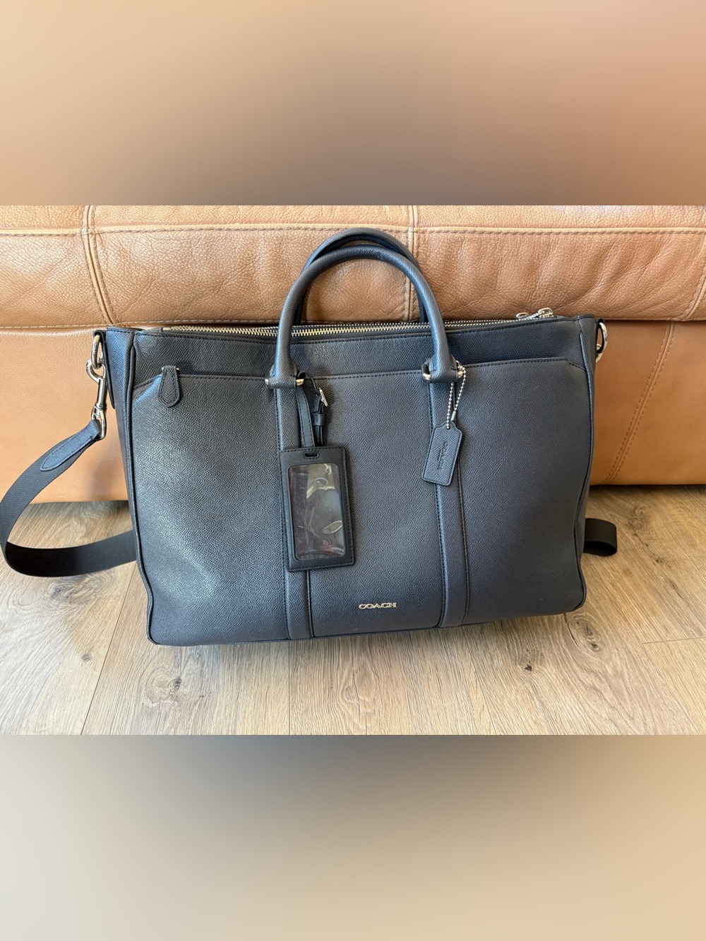 Coach Black Pebble Leather Briefcase/Computer bag with ID Tag